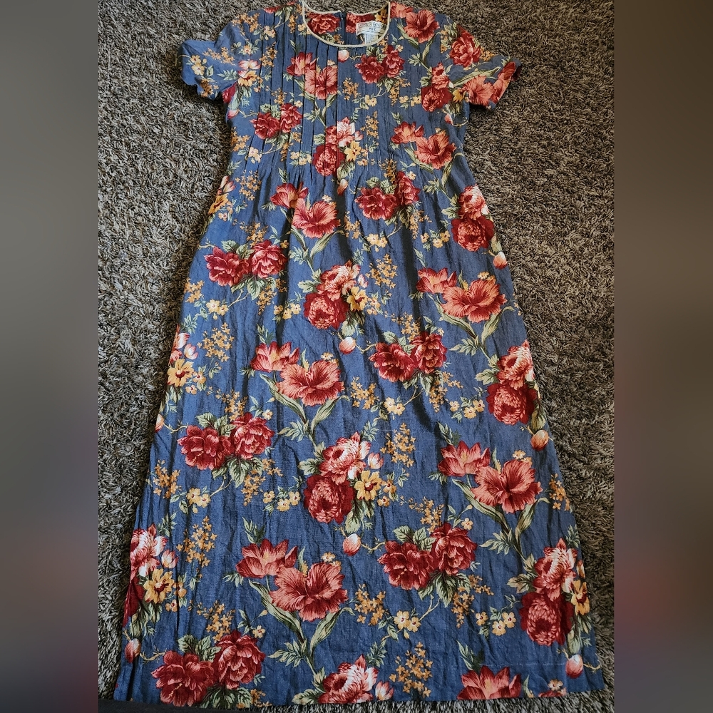 Jessica Howard VTG Blue Linen Floral Side Slits Women's Dress 8 Petite